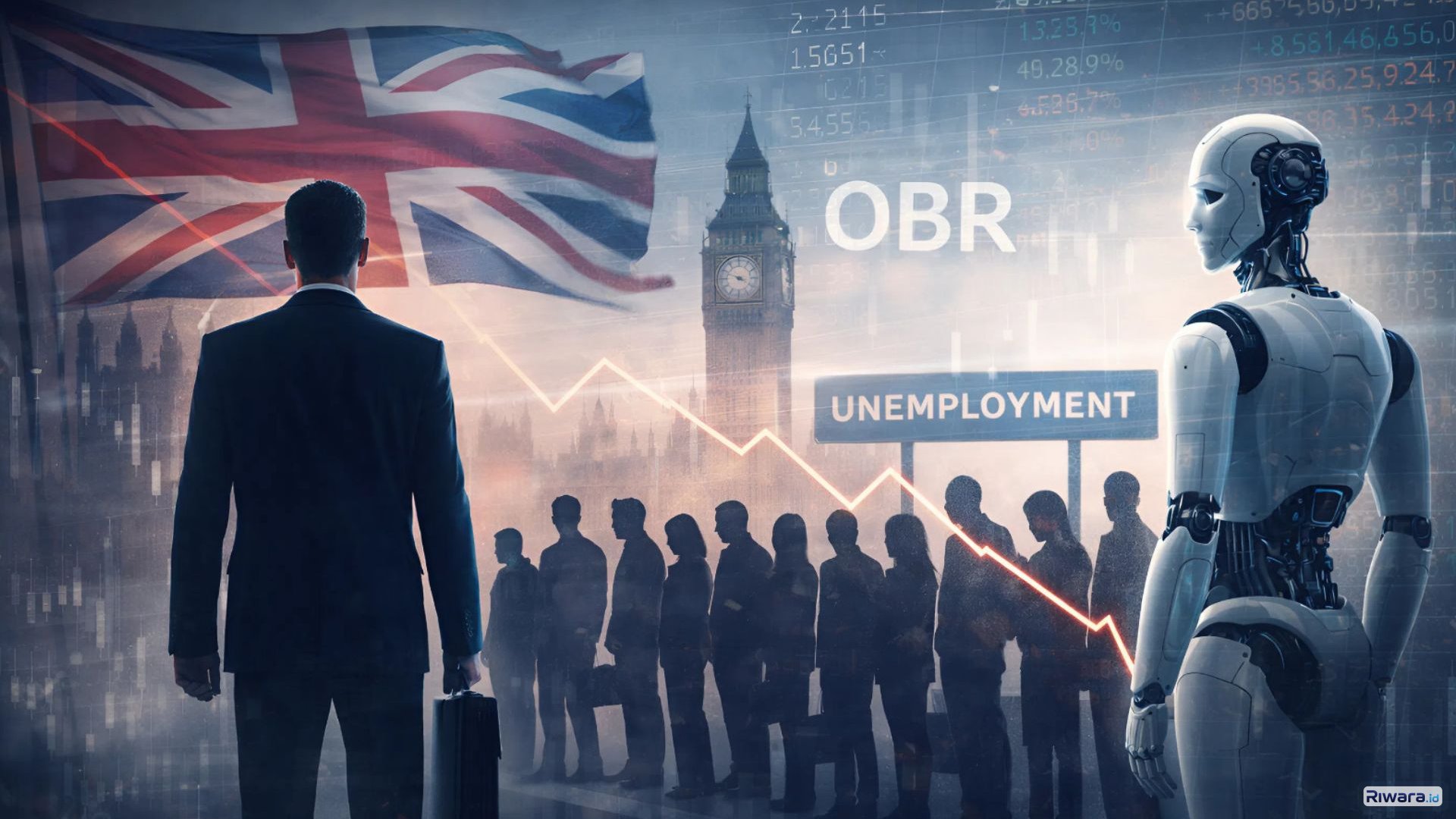 Ilustrasi dampak kecerdasan buatan (AI) terhadap pasar tenaga kerja Inggris, menyusul proyeksi Office for Budget Responsibility (OBR) yang memperingatkan potensi kenaikan pengangguran dan tekanan fiskal.